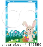 Poster, Art Print Of Border Of A Beige Bunny Rabbit Waving By An Easter Basket