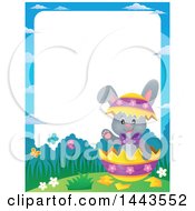 Poster, Art Print Of Border Of A Gray Easter Bunny Rabbit In A Cracked Decorated Egg Shell