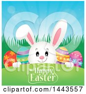 Poster, Art Print Of White Bunny Rabbit Peeking Over A Hill With Eggs And Happy Easter Text