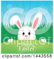 Poster, Art Print Of White Easter Bunny Rabbit Peeking Over A Hill With Happy Easter Text