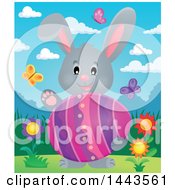 Poster, Art Print Of Gray Easter Bunny Rabbit Holding A Decorated Egg