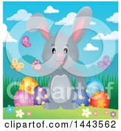 Poster, Art Print Of Gray Easter Bunny Rabbit Waving By Decorated Eggs