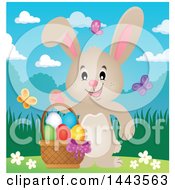Poster, Art Print Of Beige Bunny Rabbit Waving By An Easter Basket With Butterflies