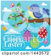 Poster, Art Print Of Bird On A Branch With Hanging Eggs Butterflies Blossoms And Happy Easter Text