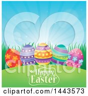 Poster, Art Print Of Decorated Eggs In Grass Over Happy Easter Text And Sunshine