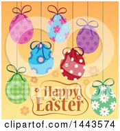 Poster, Art Print Of Happy Easter Greeting With Sunspended Decorated Eggs Over Orange