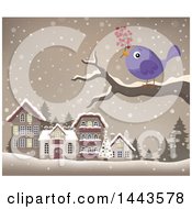Poster, Art Print Of Purple Bird Holding A Berry Twig On A Branch Against A Snowy Village
