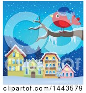 Clipart Of A Red Bird Wearing A Hat On A Branch Against A Snowy Village Royalty Free Vector Illustration