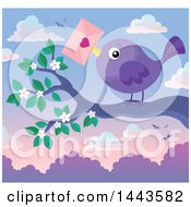 Clipart Of A Purple Bird Holding A Valentine Envelope On A Branch At Sunset Royalty Free Vector Illustration
