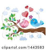 Clipart Of A Love Bird Valentine Couple With Hearts And A Flower On A Branch Royalty Free Vector Illustration by visekart