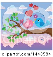 Clipart Of A Love Bird Valentine Couple With Hearts And A Flower On A Branch At Sunset Royalty Free Vector Illustration by visekart