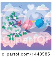 Clipart Of A Love Bird Valentine Couple Kissing On A Branch Royalty Free Vector Illustration
