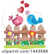 Clipart Of A Love Bird Valentine Couple With Hearts And A Flower On A Fence Royalty Free Vector Illustration by visekart