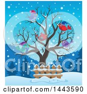 Poster, Art Print Of Bare Winter Tree With Busy Birds On A Snowy Evening