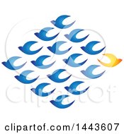 Poster, Art Print Of Diamond Of Blue Birds Flying In One Directiona Nd A Yellow Bird Flying In The Opposite Direction