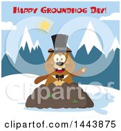 Poster, Art Print Of Flat Styled Groundhog Mascot Wearing A Top Hat And Waving In A Pile Of Dirt In The Mountains With Text
