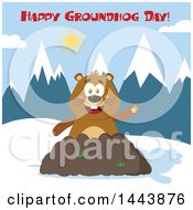Poster, Art Print Of Flat Styled Groundhog Mascot Waving In A Pile Of Dirt In The Mountains With Text