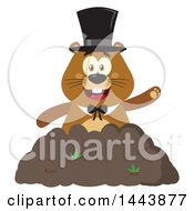 Flat Styled Groundhog Mascot Wearing A Top Hat And Waving In A Pile Of Dirt