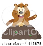 Flat Styled Groundhog Mascot Waving In A Pile Of Dirt