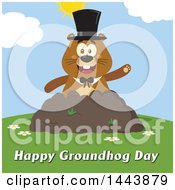 Poster, Art Print Of Flat Styled Groundhog Mascot Wearing A Top Hat And Waving In A Pile Of Dirt On A Sunny Day With Text