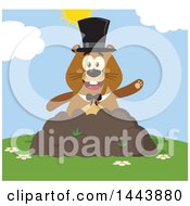 Poster, Art Print Of Flat Styled Groundhog Mascot Wearing A Top Hat And Waving In A Pile Of Dirt On A Sunny Day