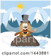 Poster, Art Print Of Flat Styled Groundhog Mascot Wearing A Top Hat And Waving In A Pile Of Dirt In The Mountains