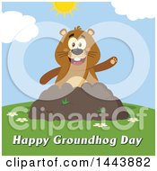 Poster, Art Print Of Flat Styled Groundhog Mascot Waving In A Pile Of Dirt On A Sunny Day With Text
