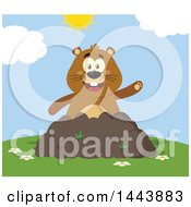 Poster, Art Print Of Flat Styled Groundhog Mascot Waving In A Pile Of Dirt On A Sunny Day
