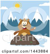 Poster, Art Print Of Flat Styled Groundhog Mascot Waving In A Pile Of Dirt In The Mountains