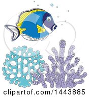 Cartoon Pretty Powder Blue Tang Fish Over Corals