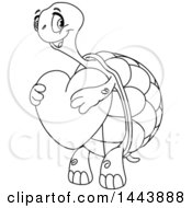Poster, Art Print Of Cartoon Black And White Lineart Tortoise Turtle Holding A Love Heart