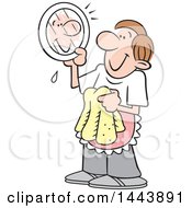 Cartoon Happy Caucasian Stay At Home Dad Drying Dishes And Looking At His Reflection On A Plate