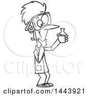 Clipart Of A Cartoon Black And White Lineart Scientist Woman Holding A Container And Thinking Royalty Free Vector Illustration