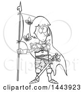 Cartoon Black And White Lineart Joan Of Arc Standing With A Flag