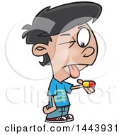 Clipart Of A Cartoon Boy With A Bitter Pill To Swallow Royalty Free Vector Illustration by toonaday