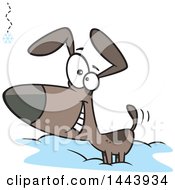 Poster, Art Print Of Cartoon Happy Dog Wagging His Tail And Watching A Falling Snowflake