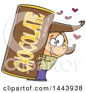 Clipart Of A  Cartoon Happy Brunette White Girl Hugging A Giant Chocolate Bar Royalty Free Vector Illustration