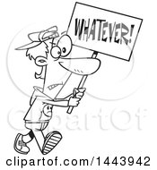 Poster, Art Print Of Cartoon Black And White Lineart Male Protester Walking With A Whatever Sign