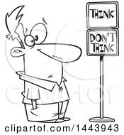 Clipart Of A Cartoon Black And White Lineart Man Staring At Think And Dont Think Signs Royalty Free Vector Illustration