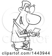 Poster, Art Print Of Cartoon Black And White Lineart Business Man Walking And Texting On His Smart Phone