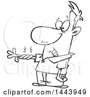 Clipart Of A Cartoon Black And White Lineart Man With A Twisted Arm Royalty Free Vector Illustration