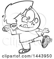 Clipart Of A Cartoon Black And White Lineart Boy Throwing A Stone Royalty Free Vector Illustration