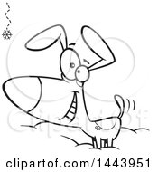 Clipart Of A Cartoon Black And White Lineart Happy Dog Wagging His Tail And Watching A Falling Snowflake Royalty Free Vector Illustration