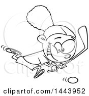 Clipart Of A Cartoon Black And White Lineart Girl Playing Floor Hockey Royalty Free Vector Illustration