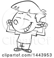 Clipart Of A Cartoon Black And White Lineart Boy Flexing His Muscles And Grinning Royalty Free Vector Illustration by toonaday
