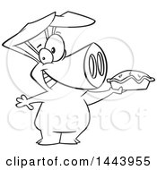 Clipart Of A Cartoon Black And White Lineart Happy Pig Holding Up A Pie Royalty Free Vector Illustration by toonaday