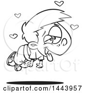 Clipart Of A Cartoon Black And White Lineart Boy Infatuated And Floating With Hearts Royalty Free Vector Illustration