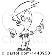 Clipart Of A Cartoon Black And White Lineart Boy Holding Geometry Rulers Royalty Free Vector Illustration