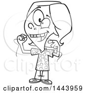 Clipart Of A Cartoon Black And White Lineart Kid Flossing Their Teeth Royalty Free Vector Illustration by toonaday