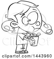 Clipart Of A Cartoon Black And White Lineart Boy Drinking A Beverage From A Crazy Straw Royalty Free Vector Illustration